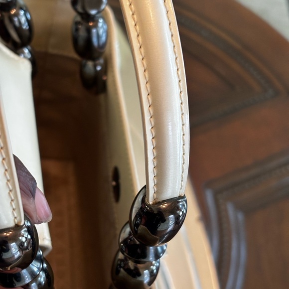 Polished Christian Dior Tan Patent Shoulder Bag with Glossy Bead Handles - Picture 9 of 13